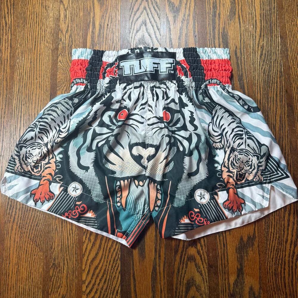TUFF Sport Roaring Tiger Muay Thai Boxing Shorts Grey/Black MMA Kickboxing S
